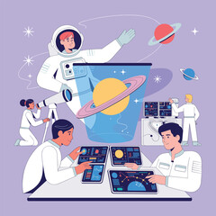 Astronaut and Scientists Working on Space Research and Planet Exploration Illustration