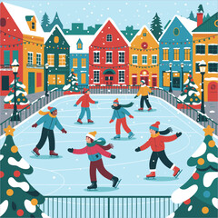 People Ice Skating in Festive Winter Town Park Illustration