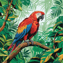 Colorful Parrot Sitting on Branch in Tropical Jungle Illustration