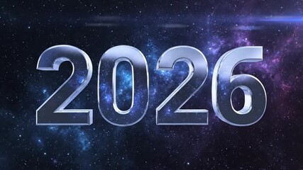 This vibrant animated graphic showcases the year "2026" rendered in gleaming, reflective chrome or glass, floating prominently against a breathtaking cosmic background. The deep space backdrop feature - Powered by Adobe