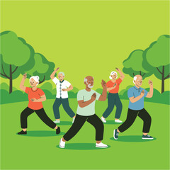 Senior People Practicing Tai Chi and Group Exercise in Green Park Illustration