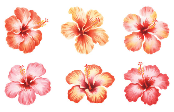 Soft pink hibiscus blossoms painted in gentle watercolor for tropical botanical themes.