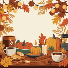Autumn Cozy Coffee Table with Pumpkins and Fall Leaves Illustration