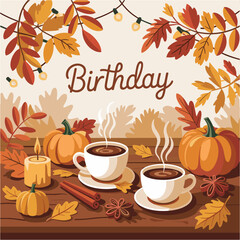 Autumn Birthday Greeting with Coffee Cups and Pumpkin Decoration Illustration