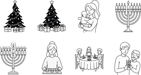 Black and white Hanukkah and Christmas celebration icons with menorah, family dinner, tree, gifts, and mother holding baby illustration