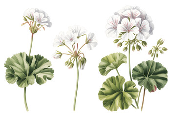 White geranium blossoms in soft watercolor style. Geranium clusters illustrated in classic watercolor.