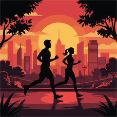 Silhouette Couple Running in City Park at Sunset Illustration
