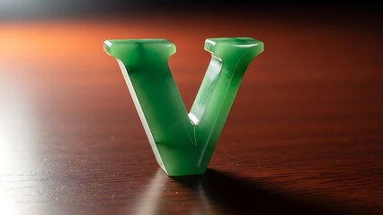 Vivid green polished jade-like letter v standing on a warm wooden tabletop surface