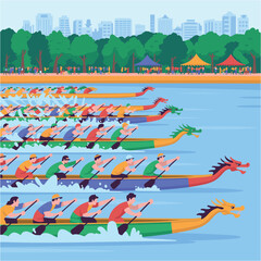 Dragon Boat Racing Illustration &ndash; Competitive Rowing Teams on River in Festival Event