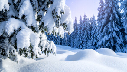 Obraz premium Snow-laden fir branches frame a tranquil winter landscape, inviting quiet reflection in the serene
