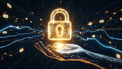 Cybersecurity concept with glowing padlock over open hand, digital data protection technology.