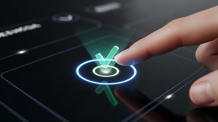 Finger pressing futuristic check mark button on interactive digital screen interface.