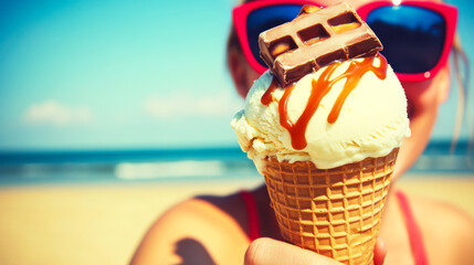 Enjoying a delicious ice cream cone topped with chocolate at the beach on a sunny day