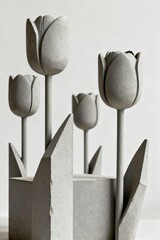 Minimalist Gray Concrete Tulip Sculptures with Geometric Leaves for Modern Interior Decor