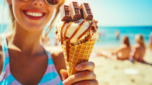 Enjoying a delicious ice cream cone topped with chocolate at the beach on a sunny day - Powered by Adobe