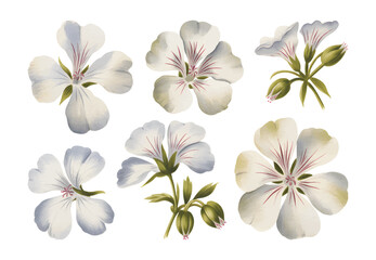 White geranium blossoms in soft watercolor style. Geranium clusters illustrated in classic watercolor.