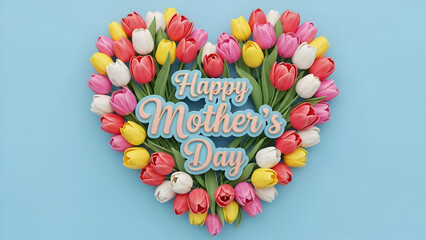 Colorful Tulip Heart Bouquet on Bright Blue Background for Happy Mother's Day Celebration