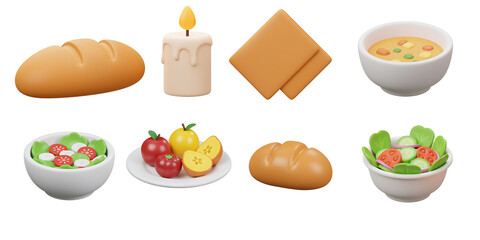 A collection of food items including bread rolls a lit candle napkins soup salad and fruit arranged on a black background