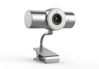 Sleek metallic device featuring an optical lens system rests on a clip mount against a white background
