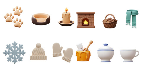 Cozy winter home essentials collection featuring paw prints pet bed candle fireplace basket towels snowflake hat mittens honey jar and cup