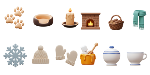 Cozy winter home essentials collection featuring paw prints pet bed candle fireplace basket towels snowflake hat mittens honey jar and cup