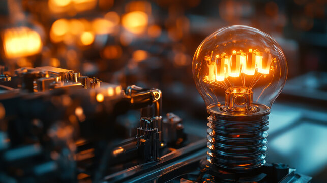 Intricate design of a glowing light bulb amid complex machinery in a dimly lit industrial environment