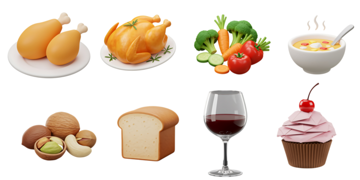 A diverse collection of delicious food items including fried chicken roasted chicken fresh vegetables soup bread wine and a cupcake - Powered by Adobe