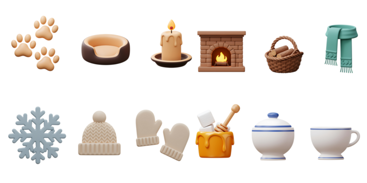 Cozy winter home essentials collection featuring paw prints pet bed candle fireplace basket towels snowflake hat mittens honey jar and cup