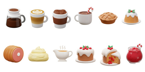 Collection of festive holiday drinks and desserts featuring hot chocolate coffee cupcakes and sweet treats against a black background