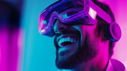 Man wearing virtual reality glasses in a modern indoor environment engaged in experience