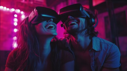 Couple engaged in virtual reality experience with headsets and enjoying digital content together