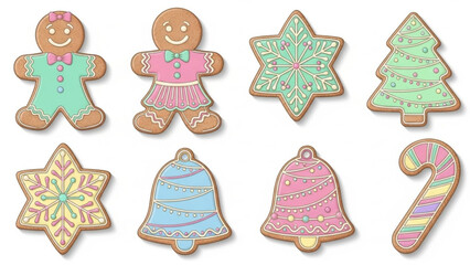 Delightful Christmas gingerbread cookies, gingerbread people, stars, trees, bells, and candy canes, perfect for holiday cheer and sweet festive celebrations