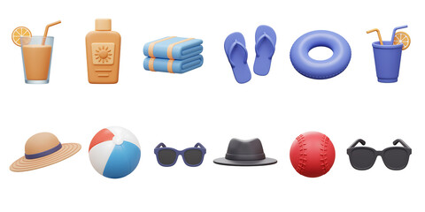 Collection of summer beach vacation essentials including drinks towels flip flops sunscreen hat and beach ball