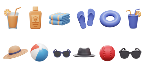 Collection of summer beach vacation essentials including drinks towels flip flops sunscreen hat and beach ball