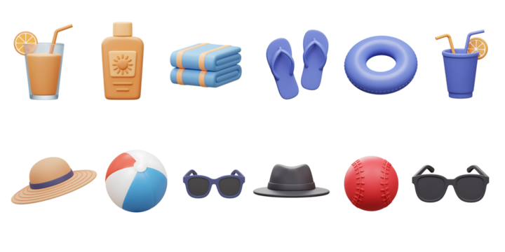 Collection of summer beach vacation essentials including drinks towels flip flops sunscreen hat and beach ball