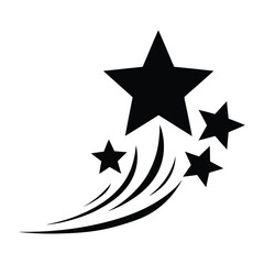A clean minimalist black star icon featuring a large central star with smaller trailing stars and dynamic swoosh lines, symbolizing success, achievement, creativity, celebration, and decorative desig 
