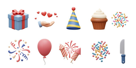 Collection of festive birthday party elements including gift box hearts party hat cupcake confetti fireworks balloon candy and knife