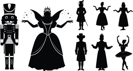 Black silhouette Nutcracker characters and fairy tale figures with ballerina, queen, soldier, and mouse king, classic Christmas vector illustration
