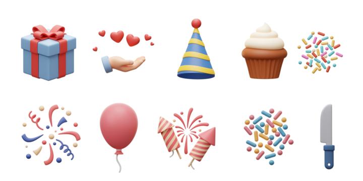 Collection of festive birthday party elements including gift box hearts party hat cupcake confetti fireworks balloon candy and knife