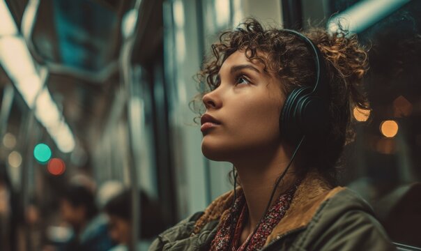 A young woman with curly hair is sitting on a train, wearing headphones, and looking up thoughtfully.