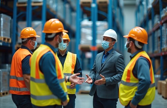 Warehouse team meeting with manager discusses safety measures. Workers wear protection masks, vests in logistic center. Shipment company employees talk in factory storage. Men planning delivery - Powered by Adobe