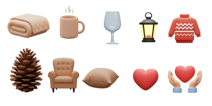 Cozy winter holiday objects collection featuring warm blanket hot drink wine glass lantern sweater pinecone armchair and hearts