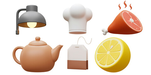 Collection of stylized 3d rendered food and kitchen items including a lamp chef hat ham teapot tea bag and lemon