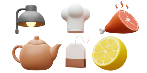 Collection of stylized 3d rendered food and kitchen items including a lamp chef hat ham teapot tea bag and lemon