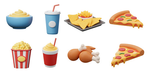 Collection of delicious fast food items including pizza popcorn nachos with salsa fried chicken and refreshing drinks