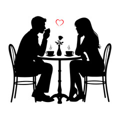 Silhouette of couple at table with coffee and rose under a heart shape