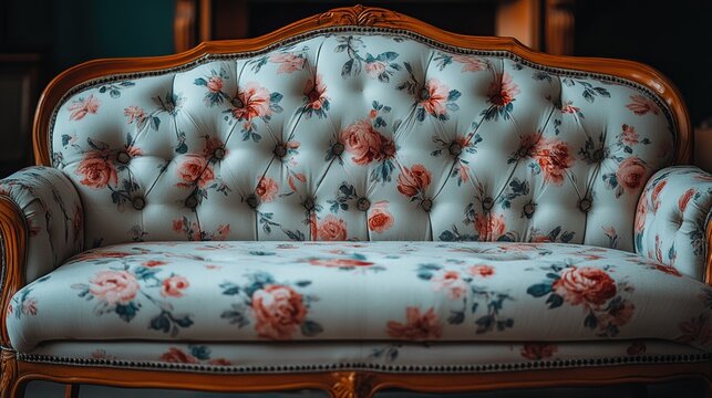 Vintage floral patterned loveseat with wooden frame.