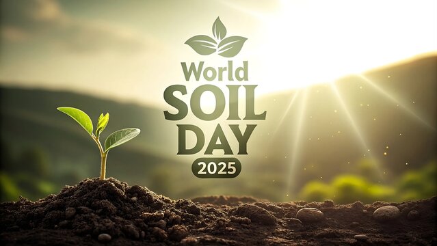 World soil day 2025 graphic with green sprout in soil and golden sunlight environmental concept.