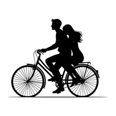 Obraz premium Silhouette of a couple riding a bicycle together on a white background