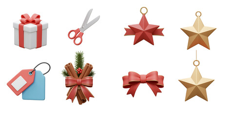 Collection of christmas ornaments and gift wrapping accessories including a gift box scissors...